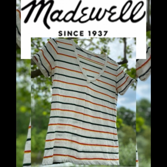 Madewell Tops - ❌SOLD❌ ⚡️Madewell | Cream Striped V-neck Tee | EUC | XXS ❤️ 1 Tiny Flaw